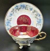 Vintage Footed Tea Cup Saucer Blue Roses Burgundy Gilded Porcelain Iride... - £13.93 GBP