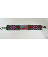 Vintage Woven Multi-color USA Flag Seed Bead Bracelet Pink/Black Arrow 8&quot; - $48.07 CAD