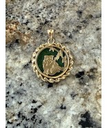 14k Yellow Gold Green Jade Panda Eating Leaves Circle Pendant - $148.50