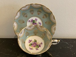 Paragon Bone China Green Gold Cup and Saucer with Purple Floral Decoration - £46.69 GBP