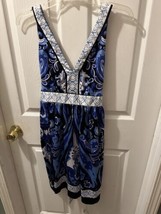 Beige By ECI Blue Dress Floral Light Blue &amp; White Border Satiny Size 8 Belt Nice - £24.22 GBP