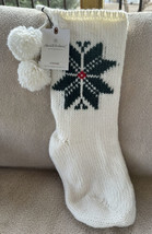 Hearth &amp; Hand Magnolia Knit Christmas Stocking Ivory w/Green Red Snowfla... - £11.79 GBP