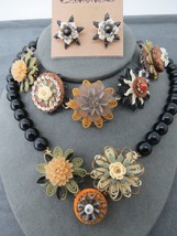 Vtg Metal Monk Set Necklace Bracelet Post Earrings Silver Tone Flowers S... - $89.00