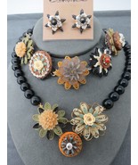 Vtg Metal Monk Set Necklace Bracelet Post Earrings Silver Tone Flowers S... - £70.52 GBP