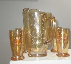 Vintage Jeanette Glass Floragold  Lusterware Pitcher and 4 Footed Glasses - £32.54 GBP
