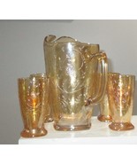 Vintage Jeanette Glass Floragold  Lusterware Pitcher and 4 Footed Glasses - £32.12 GBP