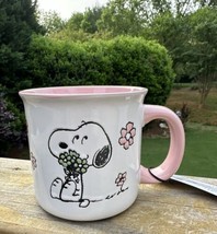 Peanuts Large Coffee Mug Snoopy with Flowers Pink Handle &amp; Inside New Cu... - £15.68 GBP