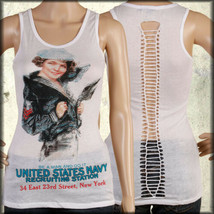 Sailor Girl US Navy Recruit Poster Vintage WWII Braid Holes Women Tank Top White - £13.76 GBP