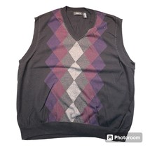 Claiborne Mens 2XL Black Purple Grey Argyle V-Neck 100% Cotton Sweater Vest - $16.82