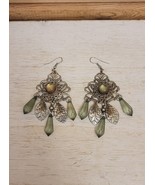 Vintage Handmade Earrings Folk Art  Costume Jewelry Green Crystal Leaves - $19.99