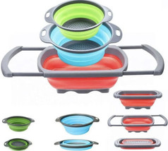 Silicone Collapsible Colander Strainer Set RED, Over Sink, 3 Pieces 2, 4 &amp; 6 qt - £9.30 GBP