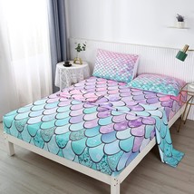 Mermaid Scales Bed Sheets Set For Girls, Pink Aqua Colorful Sheet Set, Deep Pock - $50.99