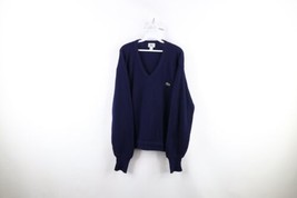 Vintage 80s Izod Lacoste Mens Large Croc Logo Knit V-Neck Sweater Navy Blue USA - £46.68 GBP