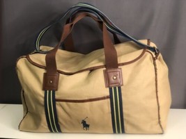Vintage Ralph Lauren Polo Green Beige Canvas Duffle Bag Weekender Tote Carry On - $79.19
