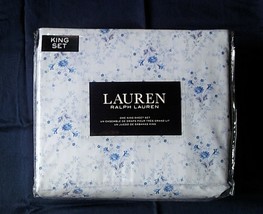 NIP Ralph Lauren King Sheet Set White Blue Floral Design 100% Cotton Deep Fit - £94.95 GBP