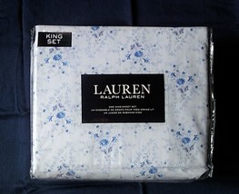 NIP Ralph Lauren King Sheet Set White Blue Floral Design 100% Cotton Dee... - £95.18 GBP