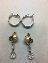 Monet Brand Set Of 2 Earrings Drop Gold Pearls Gem Silver Hoops Both Clip On - £31.31 GBP