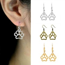 Dog Paw Print Earrings 1.3&quot; Drop Dangle Pet Lover Cut Out Stainless Steel Wires - £6.35 GBP