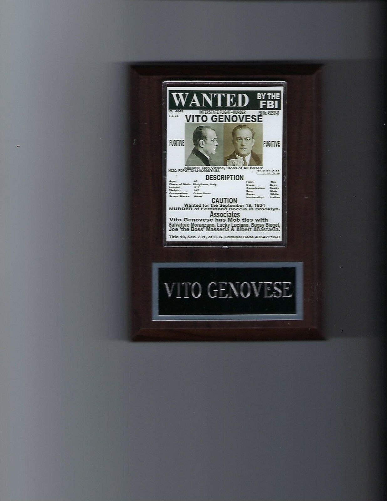 Primary image for VITO GENOVESE WANTED POSTER PLAQUE MAFIA ORGANIZED CRIME MOBSTER MOB