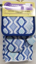 5pc Set:2 Pot holders,2 Microfiber Towels,1 Oven Mitt,BLUE &amp; WHITE DESIG... - $14.84