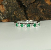 0.45 Ct Green Emerald &amp; Diamond Eternity Wedding Band 14k White Gold over - £61.23 GBP