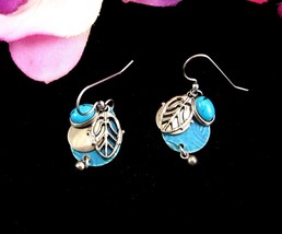 Silver Forest Turquoise Leaf Earrings Pieced Vintage Artisian Dangle On Card 1.5 - £24.93 GBP