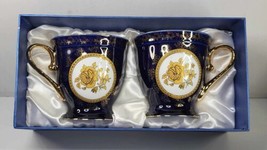 Lemonosov Imperial China  Cobalt Blue &amp; Gold Gilt Roses CUPS SET OF 2 - £59.21 GBP
