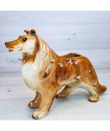 Vintage Ceramic Collie Dog Planter 12 x 8&quot; Figurine Cream Brown Textured - $29.09