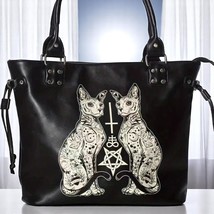 Gothic Cat Tattoo Tote Bag – Black Pentagram Shoulder Purse, Large &amp; Edgy - $44.55