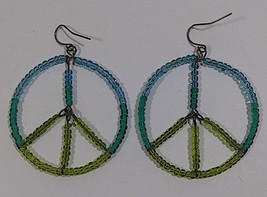 Beaded Peace Sign Earrings Vintage 2in Pair Dangle Hoop Retro Boho Multicolor - £11.96 GBP