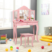 Kids Vanity Table Set Makeup Dressing Table Stool for Girls Birthday Gift Pink - £171.82 GBP