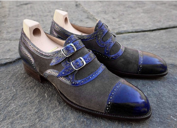 New Handmade Navy Blue Gray Suede Leather Shoes, Men Monk Strap Cap Toe Formal S