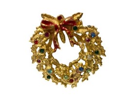 Brooch Christmas Wreath Pin Multi-Colored Stones Gold with Red Bow Vintage - £9.49 GBP