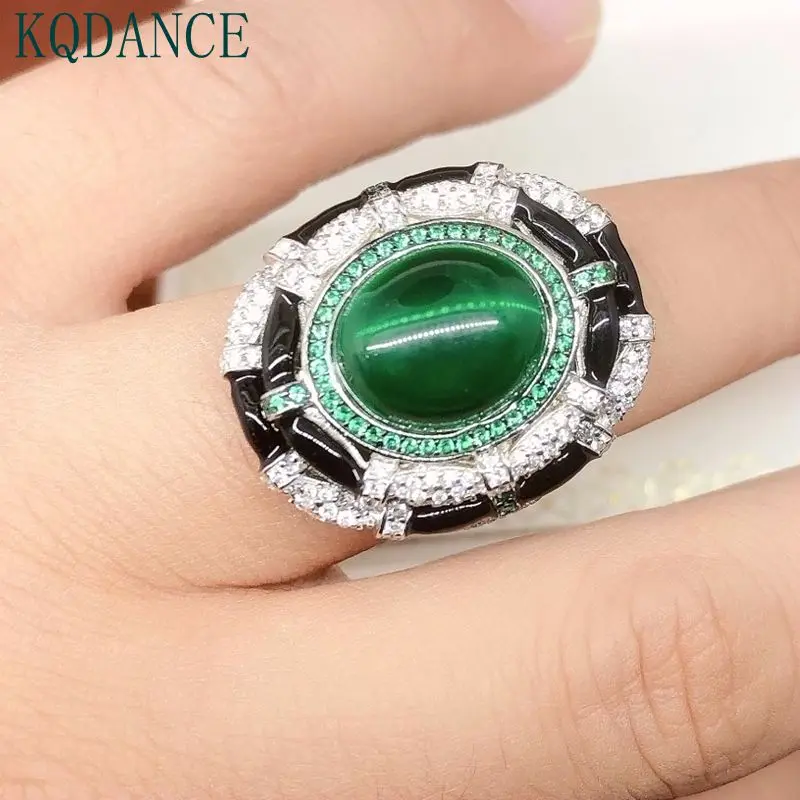 Large Green Stone Black Enamel Created Emerald Pearl Diamond Gemstones Ring Cock - £44.75 GBP