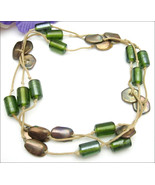 MANOUK  NECKLACE Vintage Olive Green Glass Beads  Goldtone on Cord Signed - £38.02 GBP