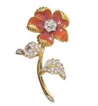 Vintage Nolan Miller Coral Pink Enamel Rhinestone Flower Brooch Gold Signed - £15.45 GBP