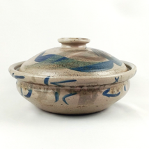 Vintage Handmade Blue Glaze Stoneware Lidded Bean Pot Art Pottery Signed Wallis - £23.91 GBP
