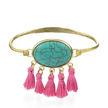 Chic Boho Oval Turquoise Pink Tassels Brass Bracelet - £13.54 GBP