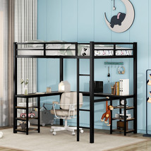 Full Metal Loft Bed with Desk, Shelves, Ladder and Guardrails for Teen&#39;s Room - £385.90 GBP