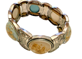 Bracelet Stretch Silver w/ Cabochon w/ Gold Dust Jewelry Vintage - £14.94 GBP
