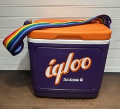 VTG 90’s Igloo Tag Along 10 Cooler Purple &amp; Orange w/Rainbow Strap Houston Texas - £20.29 GBP