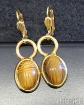 1950 Period Vintage Tiger Eye Scarab Gold Filled Earrings Unusual &amp; Charming  - £91.00 GBP