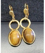 1950 Period Vintage Tiger Eye Scarab Gold Filled Earrings Unusual &amp; Char... - £89.52 GBP
