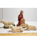 Vintage 4 PC Lot Nativity Putz Figures Kneeling Shepherd 3 Sheep Soft Ru... - $9.05