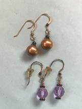 Estate Lot of 2 Purple Plastic &amp; Metallic Faux Gold Pearl Bead Dangle Earrings  - £8.99 GBP