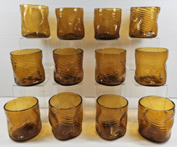 12 Mexican Amber Handblown Swirl Pinched Old Fashioned Whiskey Rocks Tumbler Set - £100.38 GBP