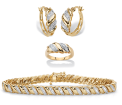 DIAMOND ACCENT 18K GOLD S LINK HOOP EARRINGS BRACELET RING GP SET - £237.04 GBP