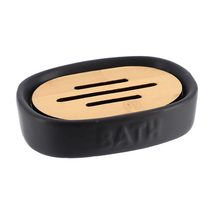 Bath D Soap Dish Cup Dispenser Black and Bamboo Tray - $10.88