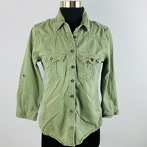 Hollister Juniors Medium M  Cotton Army Green Collared Button Down Shirt Pockets - £14.06 GBP