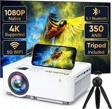 Native 1080P 5G Wifi Bluetooth Projector (With Tripod), 350 Ansi 4K, Phone - £102.29 GBP
